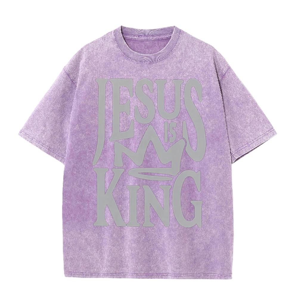 2026 Jesus Is King Crown Letter Graphic Black Acid Washed T Shirt Christian Faith Casual Oversized Unisex Short Sleeve Streetwea