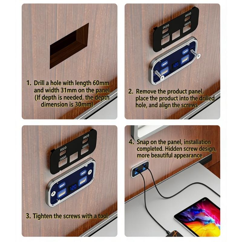 USB Outlet Car Charging 4 Ports Double PD QC3.0 Voltmeter Wall Mount Accessories Simple Installs for 12V 24V Cars Trucks