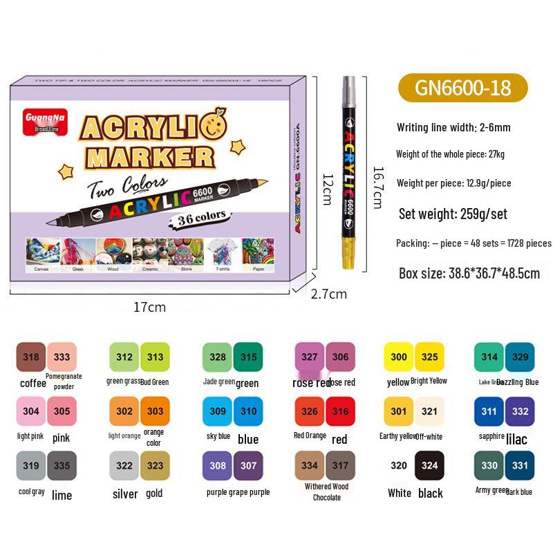 Guangna 6600 Double-Head Acrylic Marker Set: 36 Colors for DIY Glass and Stone Graffiti Basic Set