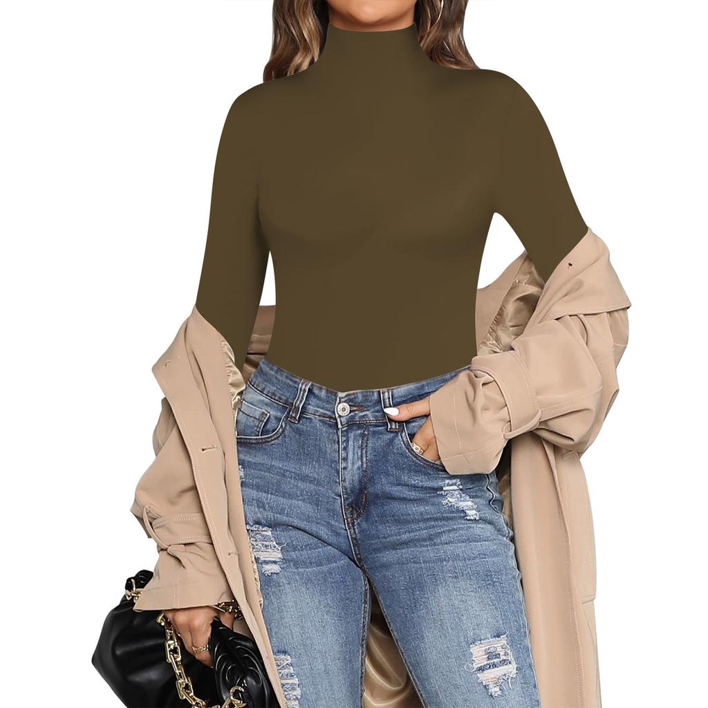 Women's One-piece T-shirt Slim Long Sleeve Half High Neck Solid Color Jumpsuit Top