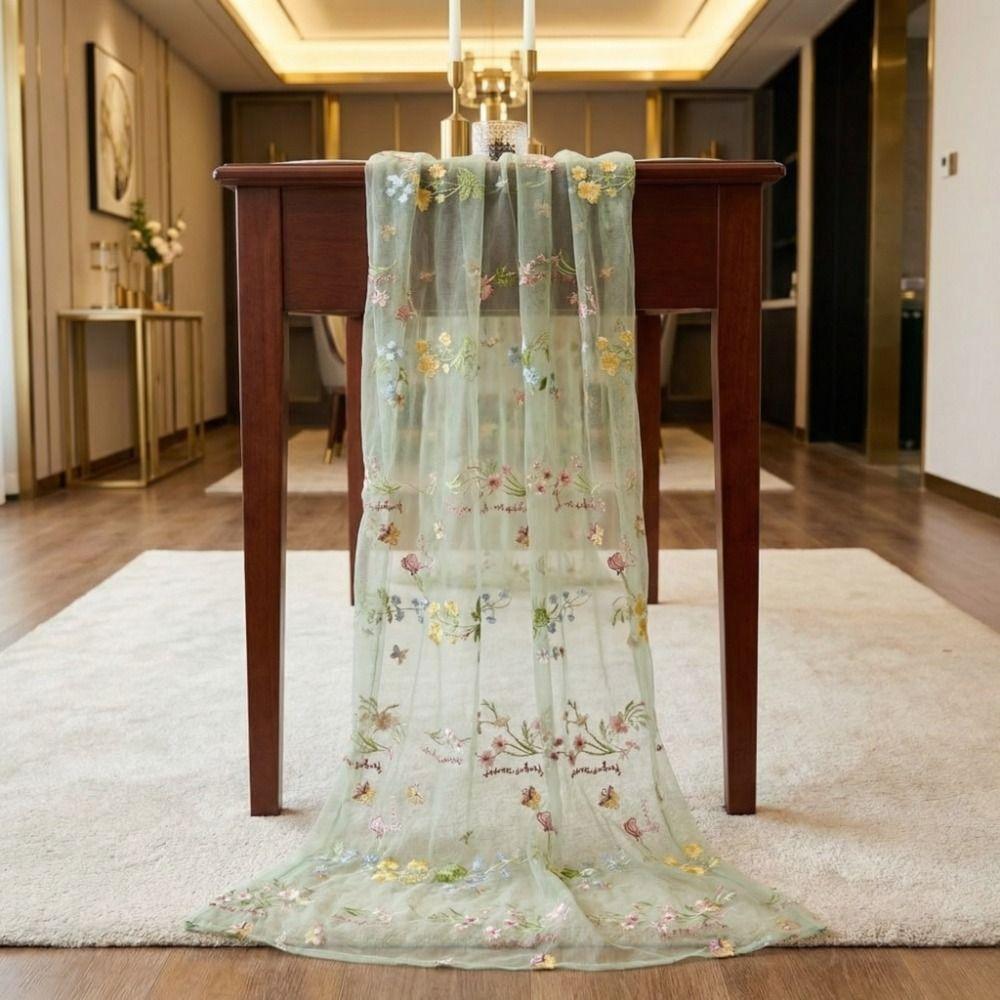 French Vintage Embroidered Floral Table Runner Romantic Fresh Color Wrinkled Table Runner Semi-Transparent Tulle Table Runner