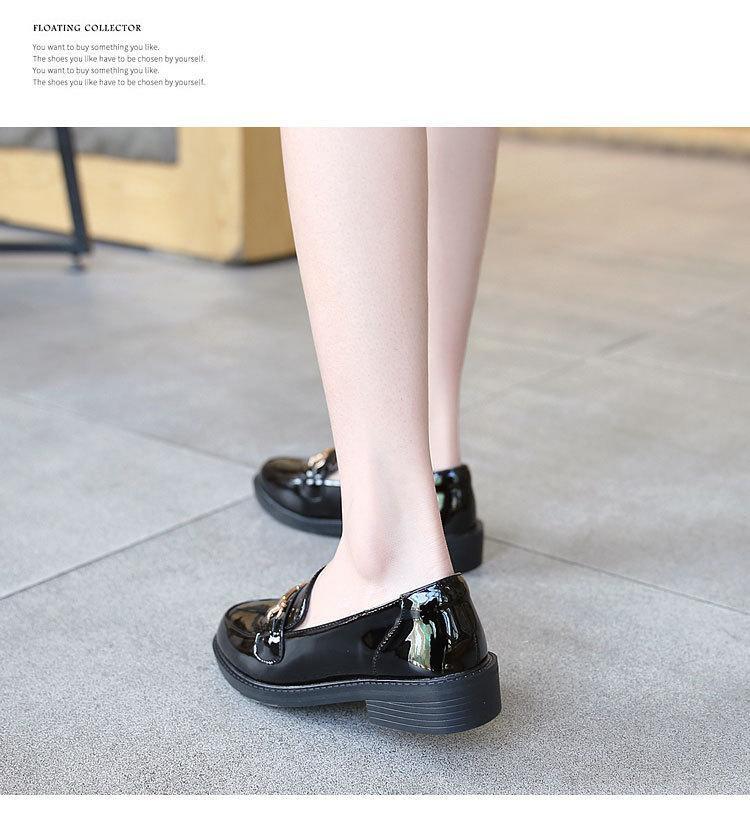 Women's British Style Genuine Leather Chunky Heel Shoes with Gold Buckle - Glossy Round Toe, Silent Commute, All Season Wear