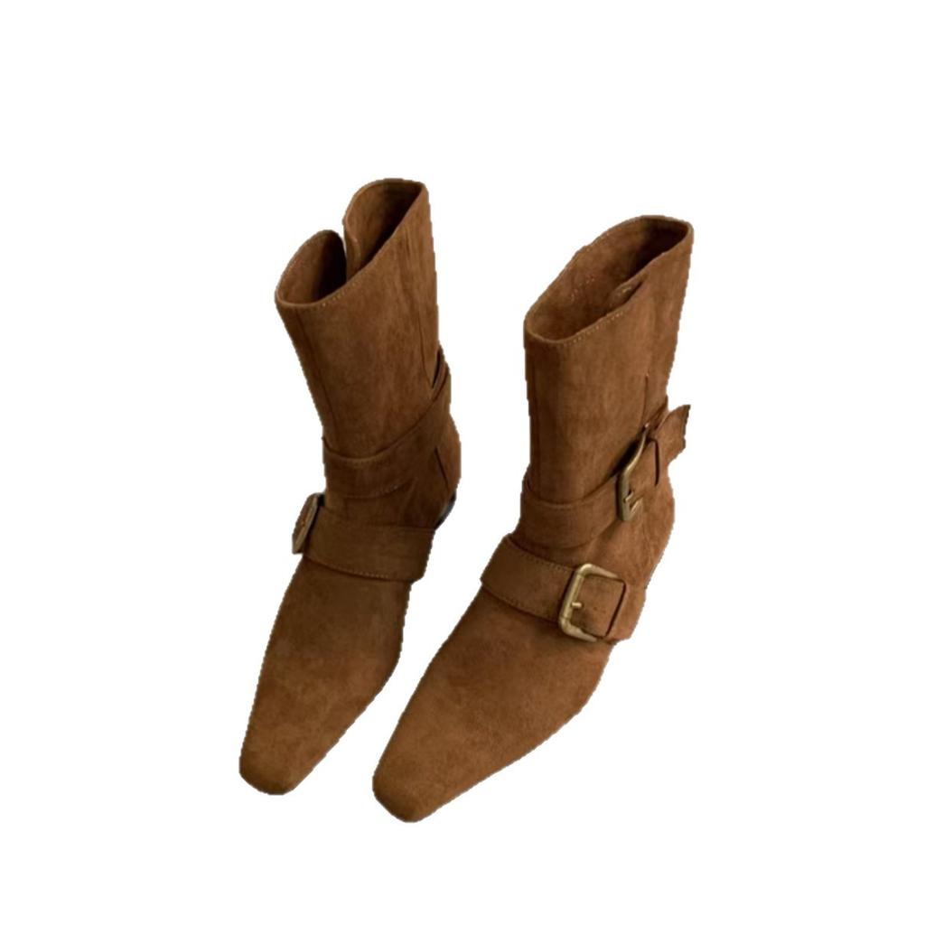 Niche design retro belt buckle fashion boots women's 2025 new French lazy style square head western medium boots
