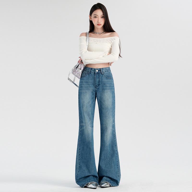 Retro Mid-waisted Jeans for Women with Spring and No Legs Bell-bottomed Pants for Women with Slim and Loose