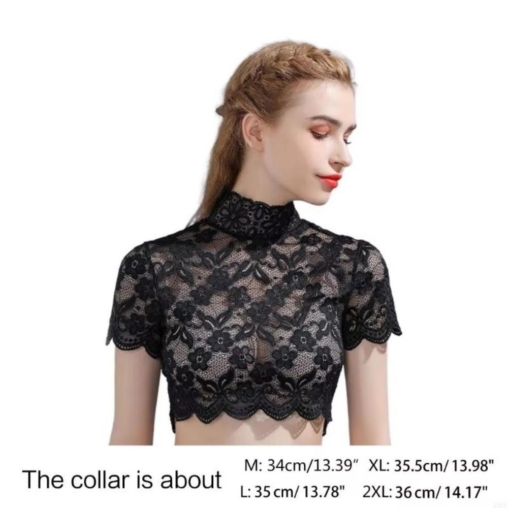 Eleganter Floral Damen Rollkragen Spitzen Pullover Futter Kurzarm Abnehmbarer Kragen Dickey Crop Top