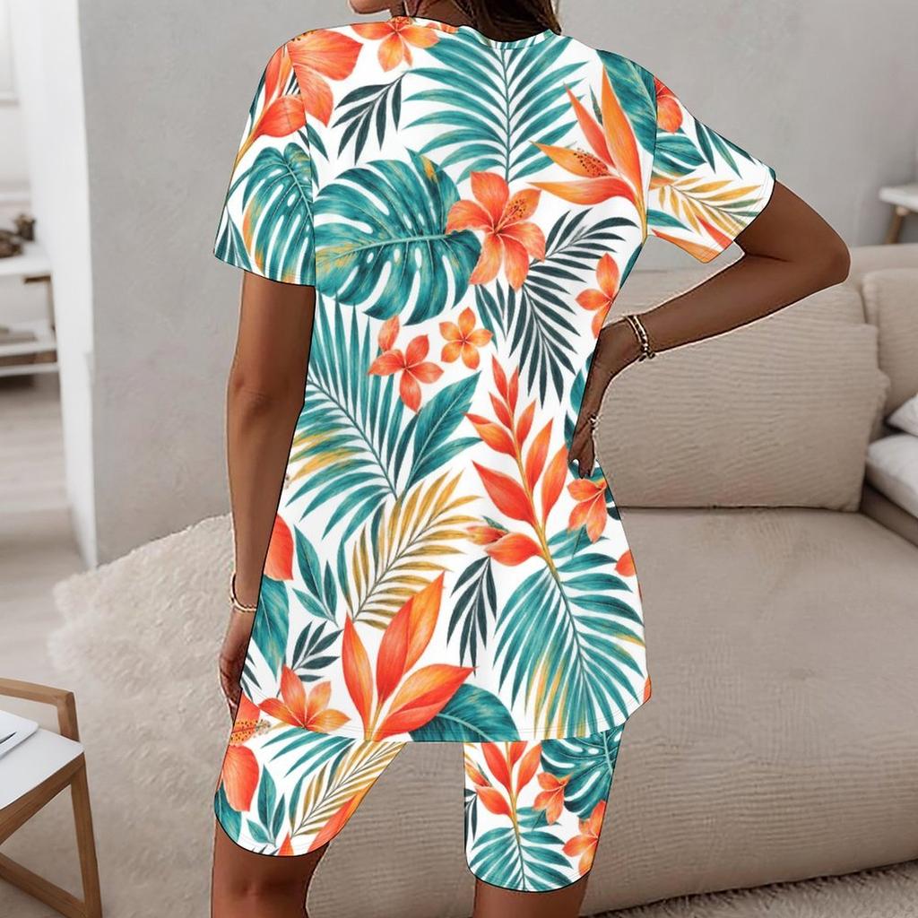 Women Plus Size Round Neck Short Sleeve Tropical Leaf Printed Two Piece Set Longline Top Fitted Shorts