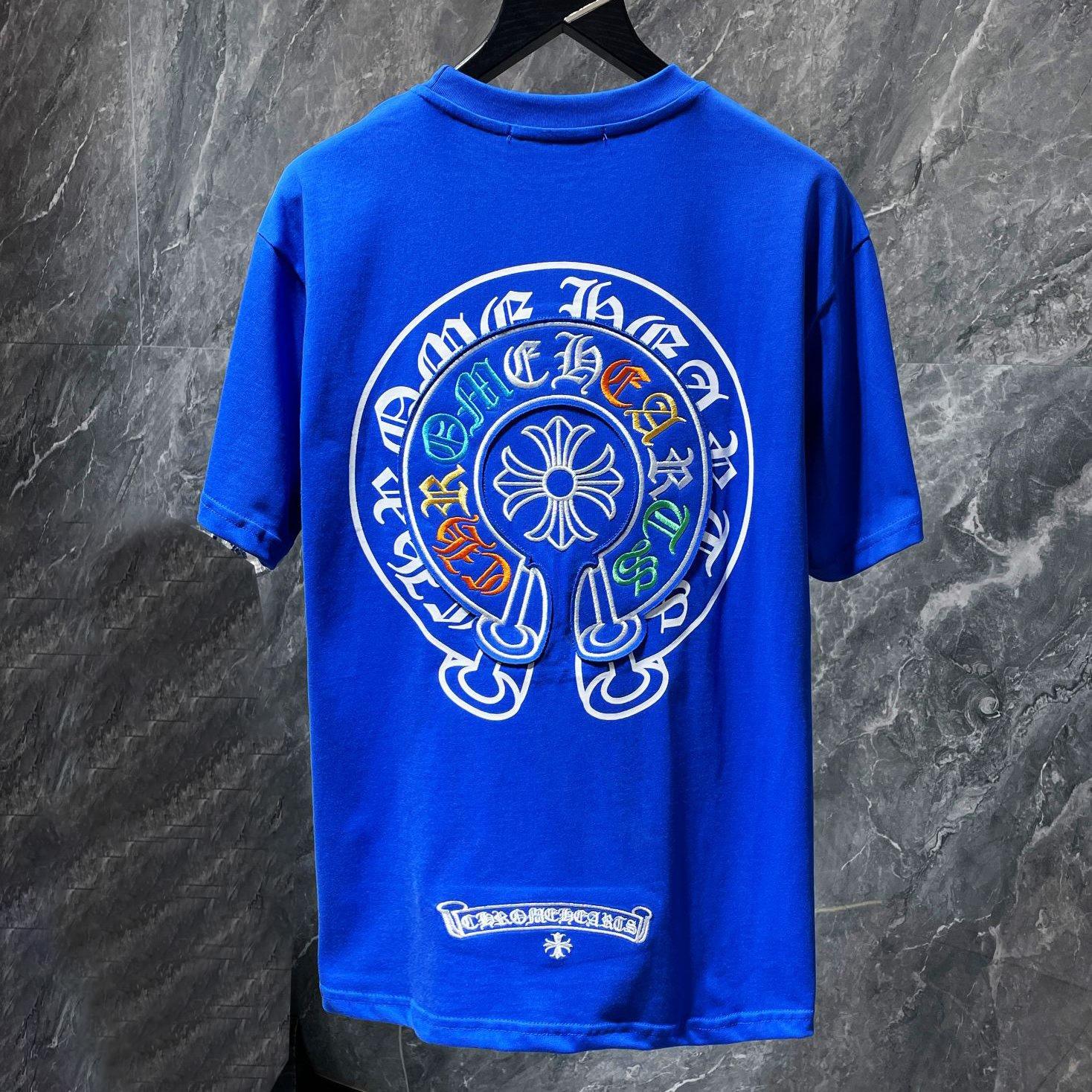 Chrome Hearts 8719  Zomer Nieuw Hoge Kwaliteit Katoen Ronde Hals Los Groot Formaat Heren en Dames T-shirt Koppel T-shirt M blauw