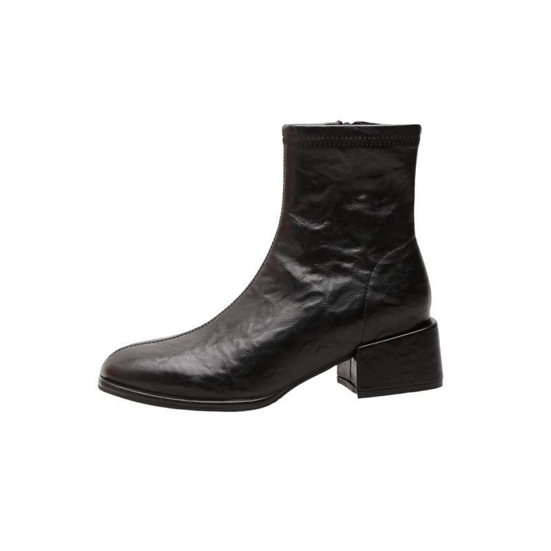 

Cowhide version square head leather thick heel short boots small ankle boots women s autumn and winter new medium and high heel elastic thin boots 34