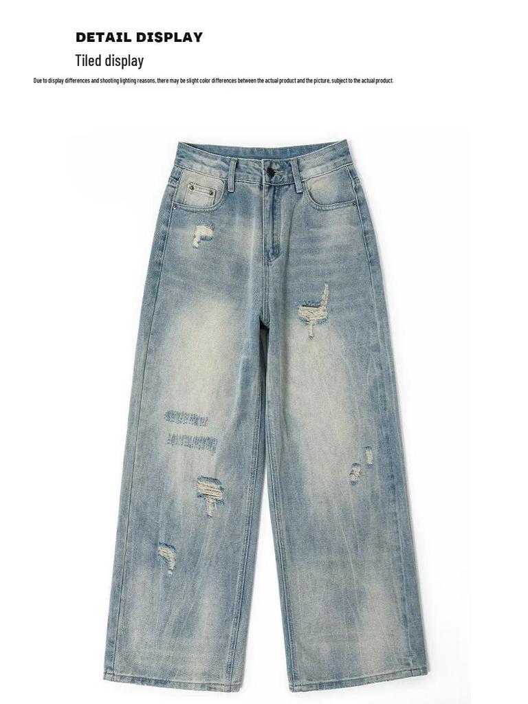 Light Blue High-Waist Distressed Wide-Leg Jeans for Women