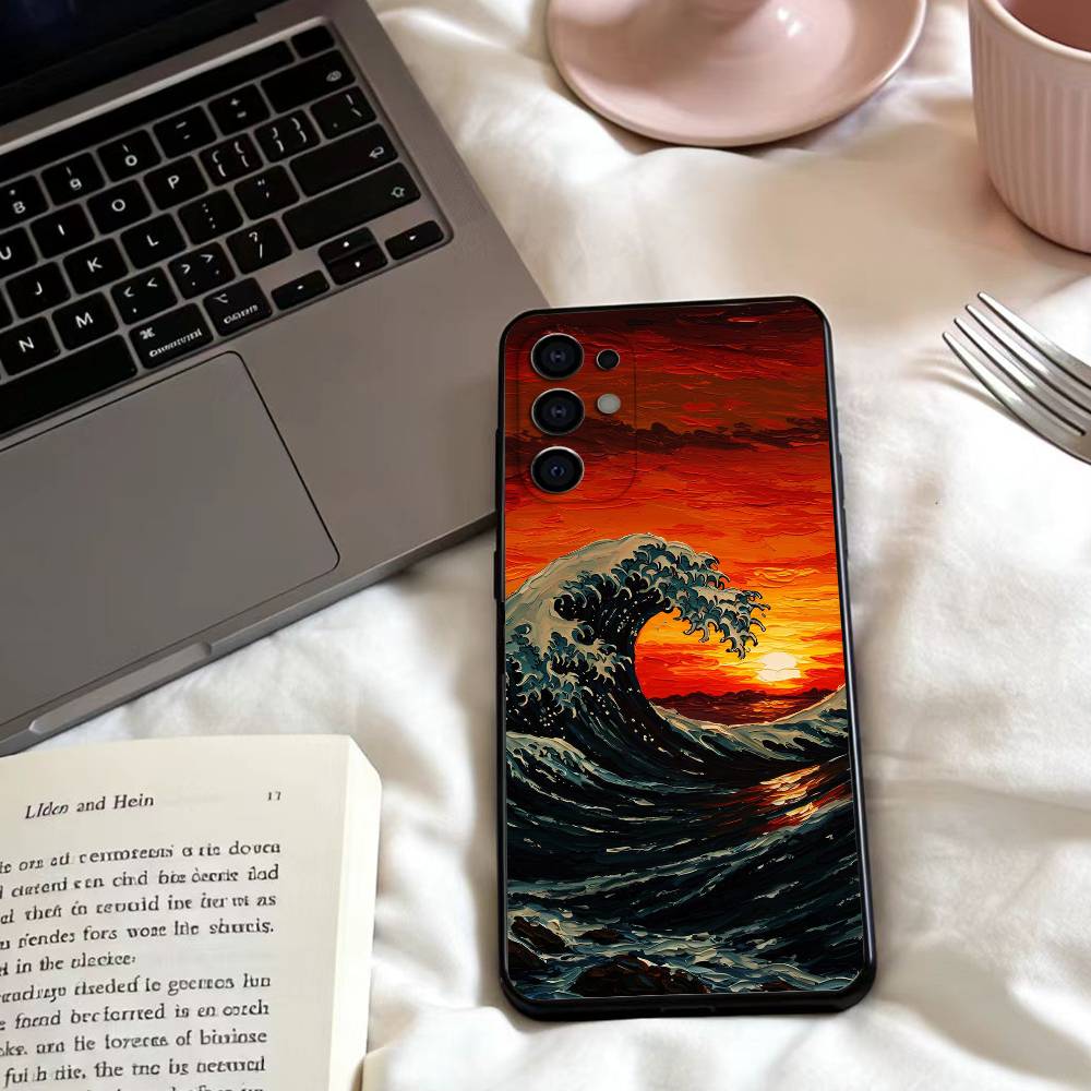 Japanese Ukiyo-e Ocean Waves  Phone Case For Samsung S25,24,23,22,30,21,10,9,Ultra,Plus,Lite,FE,4,5 G Soft Black Case