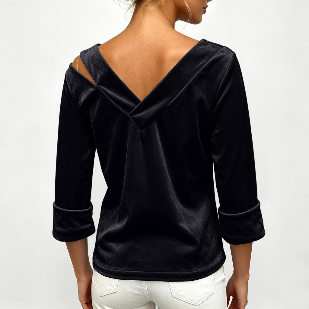 Women's Casual Velvet Long Sleeve V-Neck Cold Shoulder Top