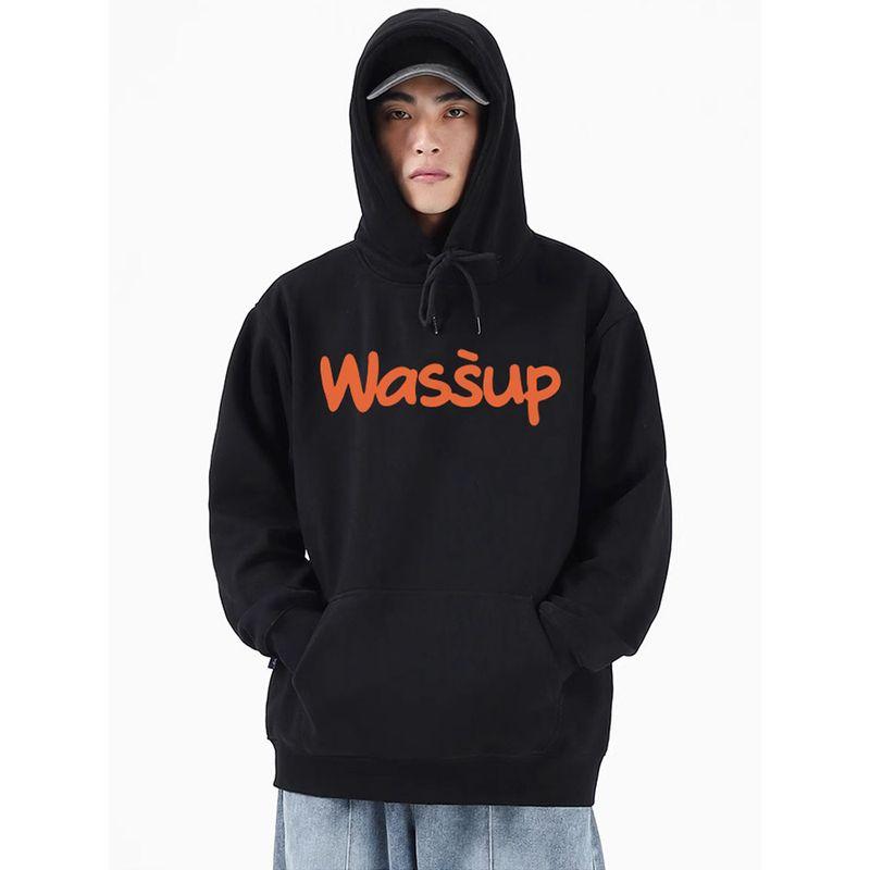 Wassup Letter Print Logo Sweatshirt Men's Hooded Autumn and Winter Fleece-Lined Loose Versatile Couple Pullover Top
