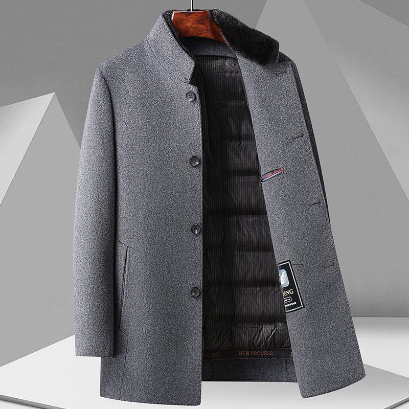 Abrigo de Lana de Largo Medio para Hombre con Piel de Visón, Forro Desmontable de Plumón de Ganso y Cuello Mao