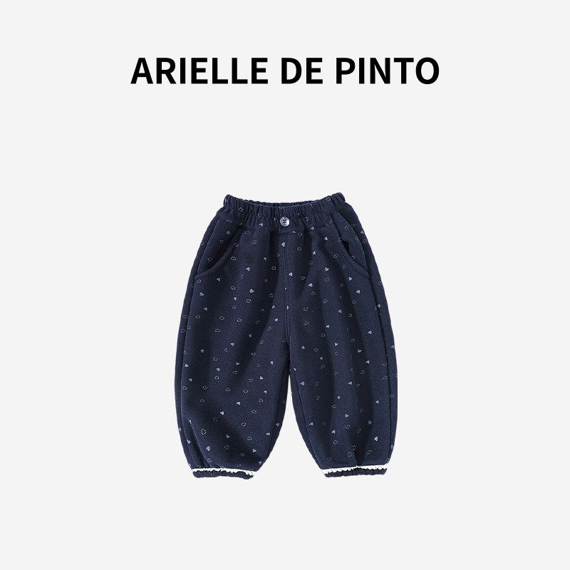 French Arielle De Pinto Girls  Fleece-Lined Pants Winter Style Casual Cute Heart-Printed Fleece-Lined Pants Navy Blue Plus Velvet 140