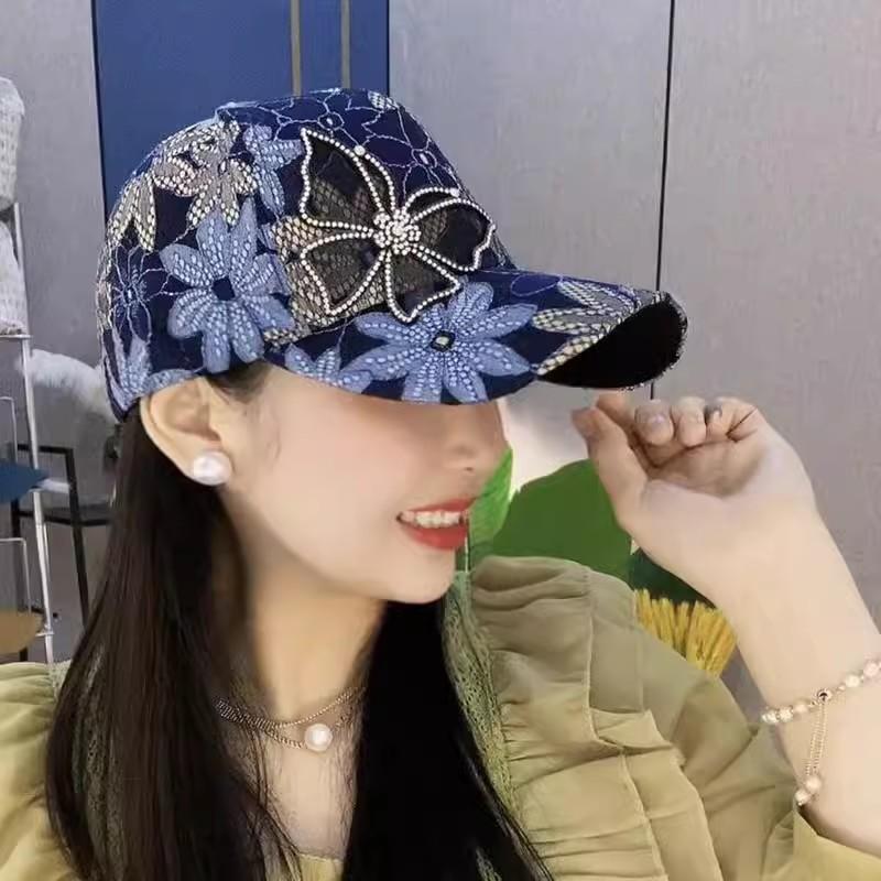 Women's New Style Lace Diamond-embellished Mesh Butterfly Baseball Cap Summer Fashionable Sun Protection Sun Hat