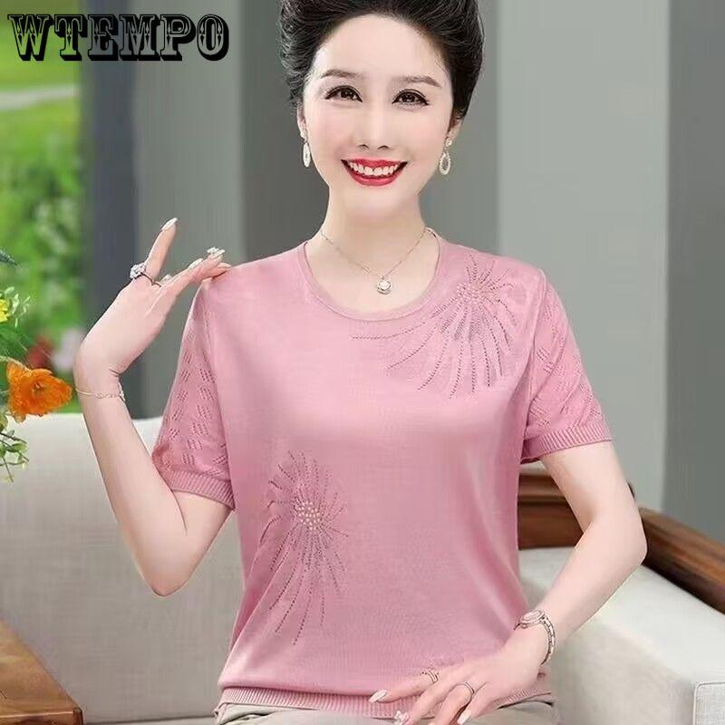 Summer Women's Ice Silk Short Sleeved Round Neck T-shirt Middle-aged and Elderly Women's Loose Thin Knitted Top