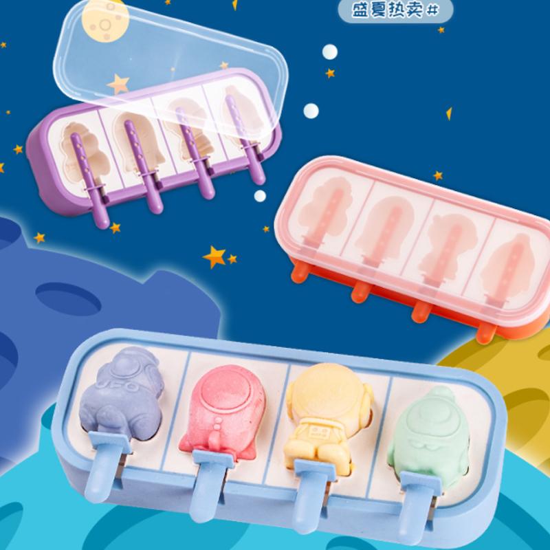 Cartoon Space Rocket Astronaut Ice Cream Silicone Mold With Lid Family Popsicle Ice Cube Tray Mold Cheese Kitchen Accessories