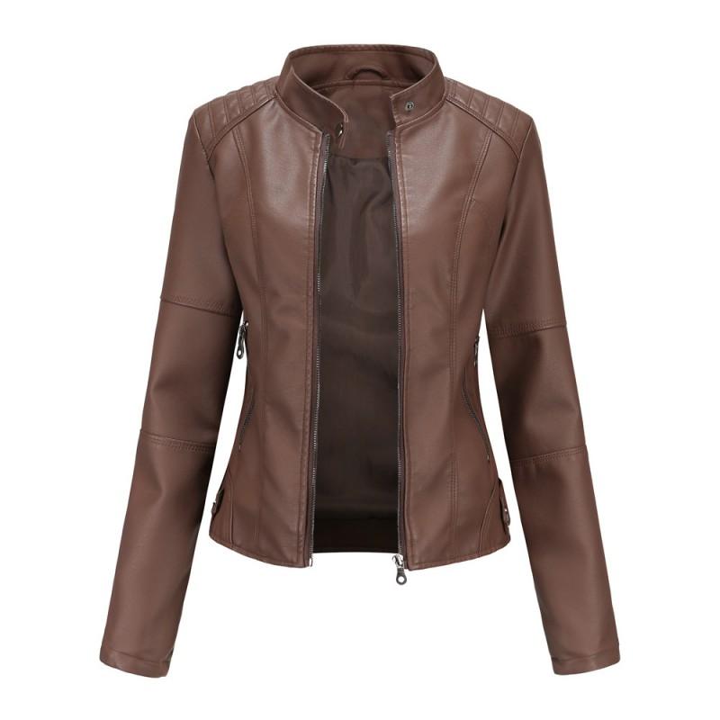 Damen Schlanke Passform PU Lederjacke Stehkragen Motorrad Stil Oberbekleidung Leicht