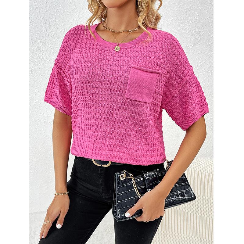 New Spring/Summer Women's Pullover Pocket Home Short Sleeve Solid Color Women's Knitwear