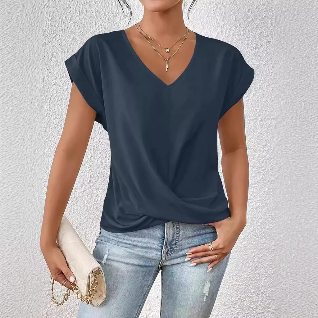Women's V Neck Rolled Cap Sleeve T Shirt Front Twist Knot Solid Color Elegant Summer Blouse