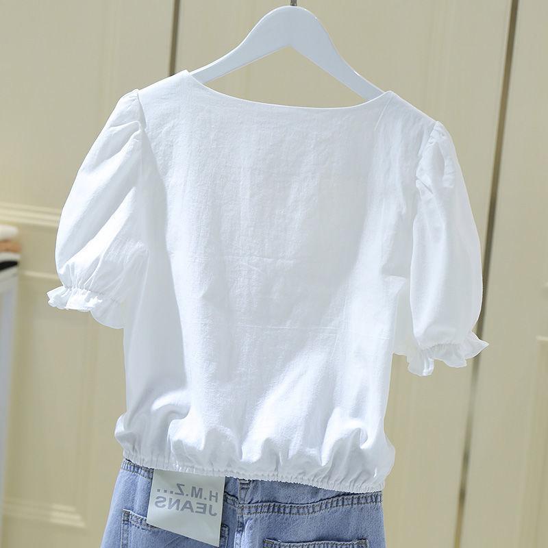 WTEMPO Brand Summer Square Neck French Women's Short Sleeve Shirt Short Loose Bubble Sleeve Waist Waist Exposed Collar Slim Top