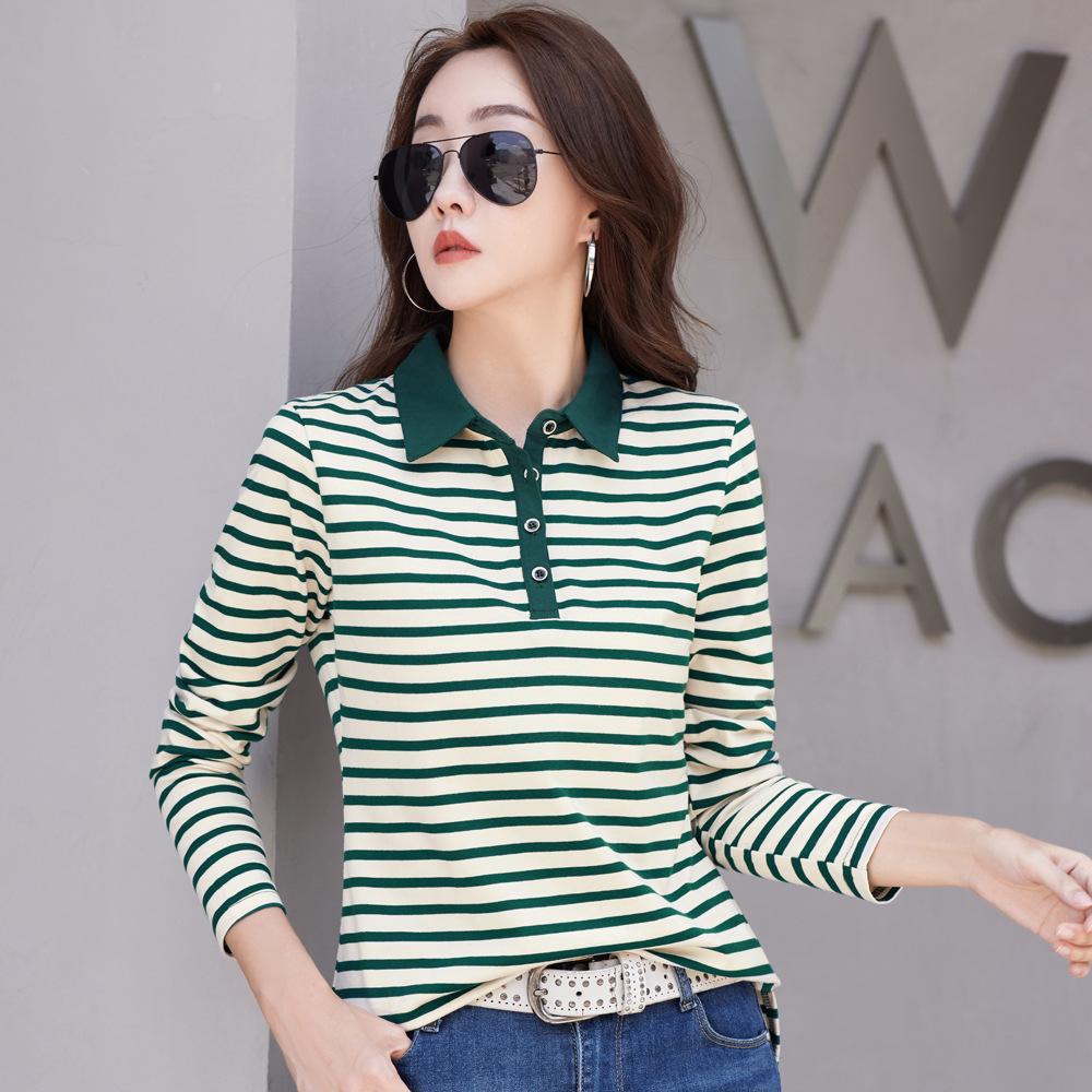 Women's Autumn Korean Style Striped Long Sleeve Lapel T-shirt - 95% Cotton, Button-Up, Slimming Fit