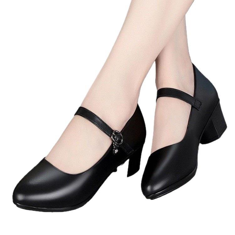 Semelles souples, pas fatigué, chaussures simples, boucle à une bride, talon moyen, chaussures à lacets en cuir printanier, talon épais, chaussures de danse.