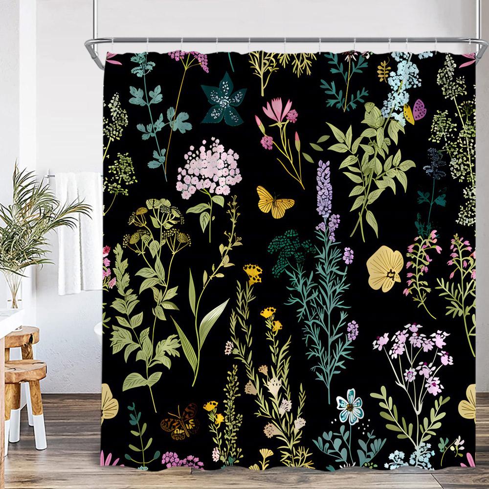 Boho Floral Vintage Shower Curtain Home Decor for Retro Bohemian Flower Herb Plant Bathroom Polyester Bath Curtain with Hook