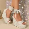 Ultrahigh 15cm Wedge Heels Strappy Thick Sole Platform Raffia Sandals Waterproof Catwalk Nightclub Party Shoes with Height shoes