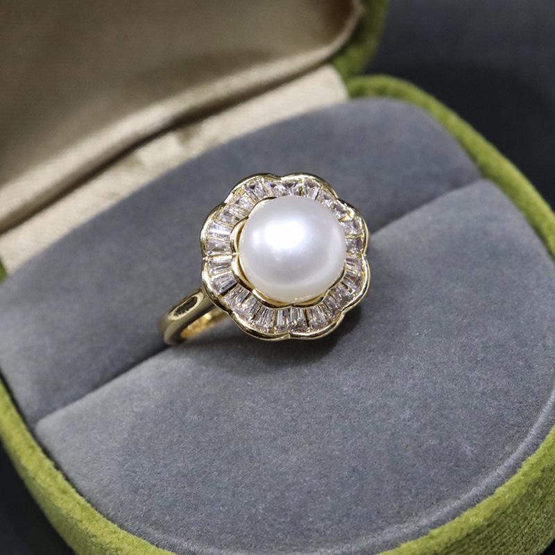 High Luster Freshwater Pearl Ring with Slight Imperfections, 8-9mm, Open Design, 18K Gold Plated, Cubic Zirconia Accents