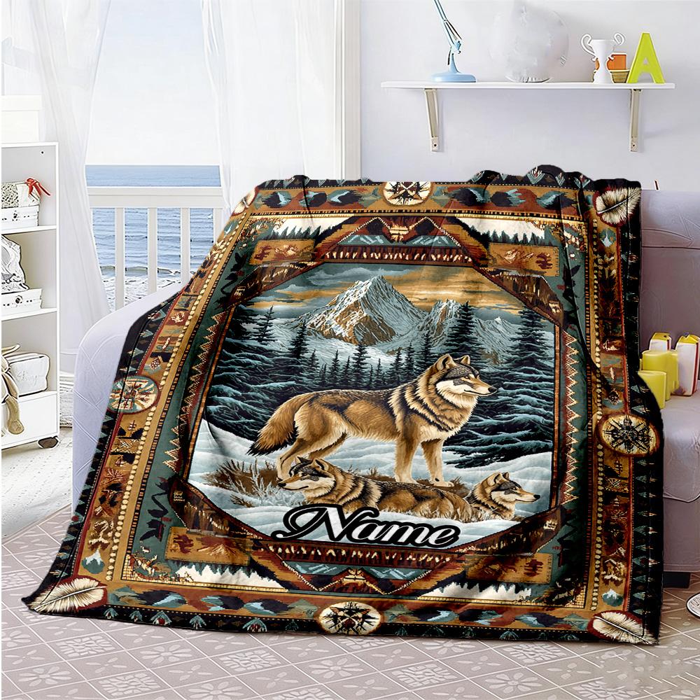 Retro Wolf Customize Text Blanket Multi-purpose Personalized Blanket Comfortable Throw For Bed Office Livingroom Chair All-Season Use