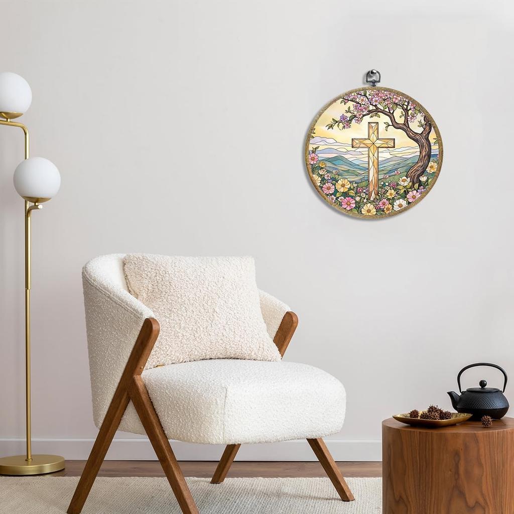 piratonal Wildflower Cross Faith Christian Gifts for Women Men Religious Gifts Framed Round Wall Decor Canvas Wall Art Hanging Prints Artwork for