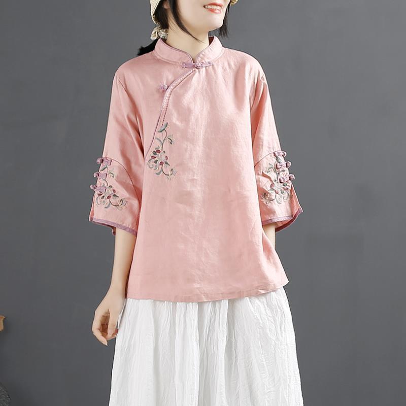 Blusa estiva con colletto alla coreana a tre quarti alla moda da donna High Street Casual Pullover larghi Elegante Ricamata