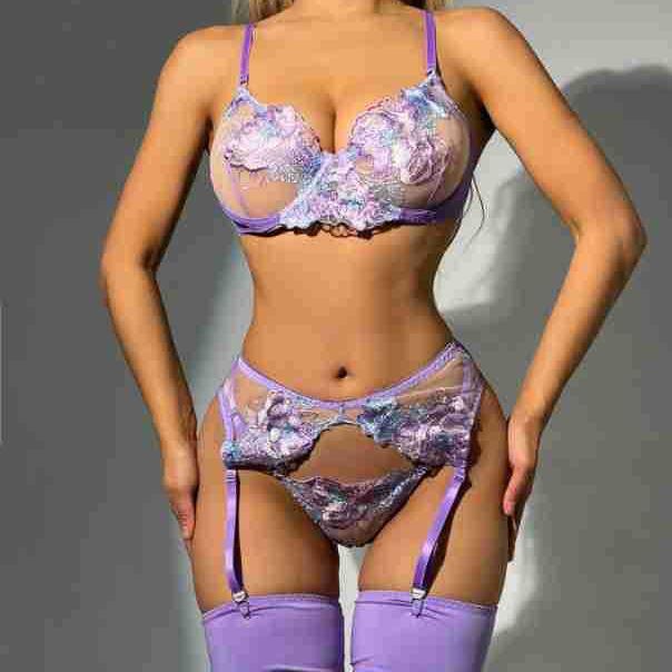 Stylish Steel Ring Embroidery Mesh Garter Belt Set - Multi-Color Body Shaping with Split Design