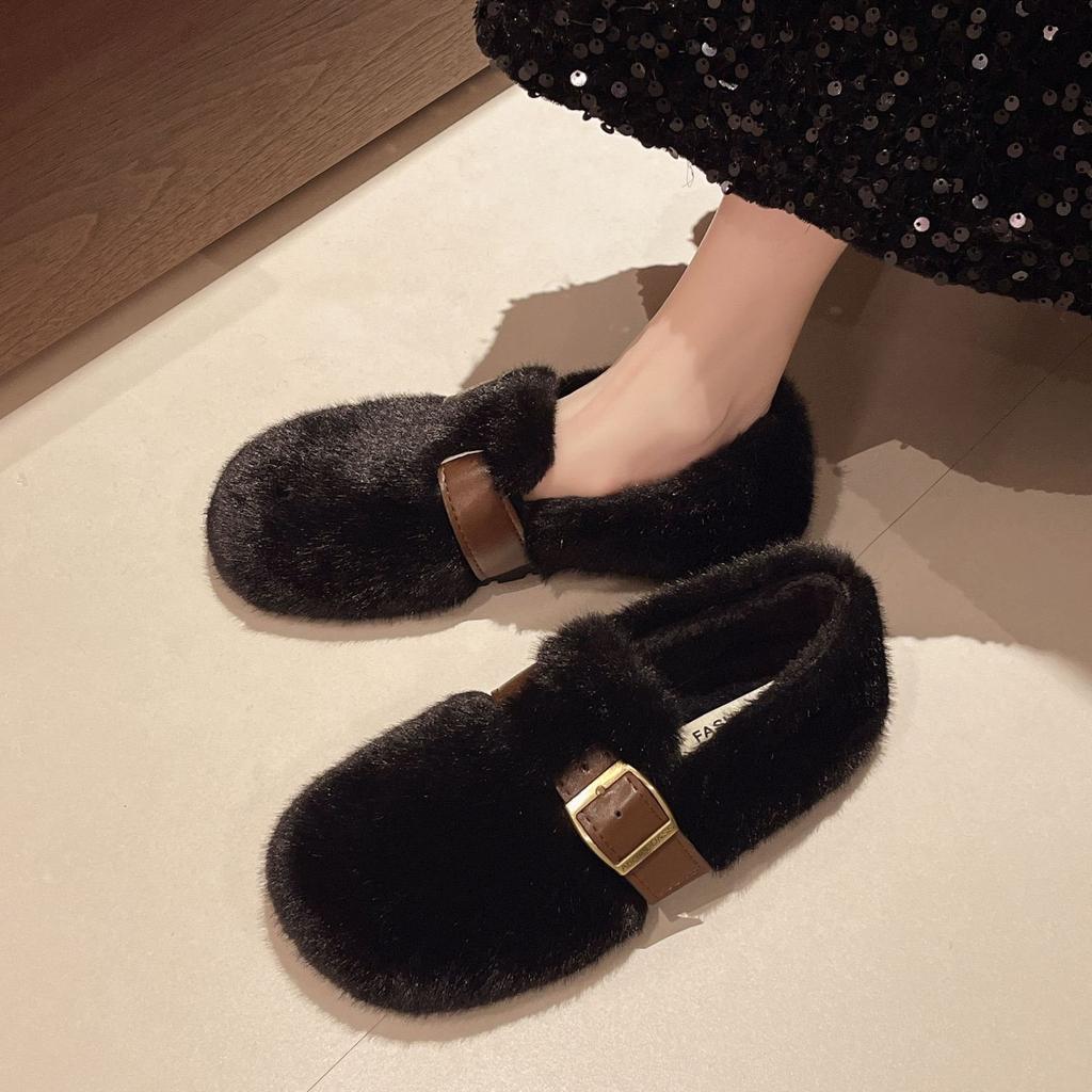 Wear French Fluff 2025 New Velvet Cotton Shoes Single Shoes Doudou Autumn and Winter Fluffy Shoes Female Mary Jane One Pedal