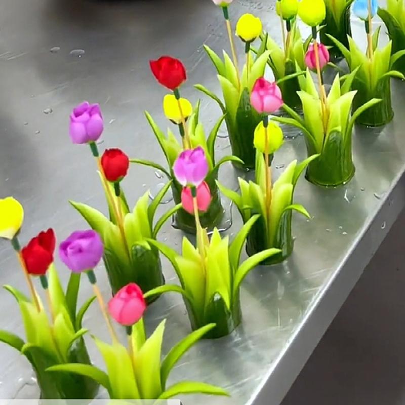 10 Pièces Bâtonnets en Bambou Fleuris Cake Topper Gousse de Tulipe Brochettes à Cocktail Pour Apéritifs Bâtonnets à Fruits Pour Décoration de Mariage Anniversaire Dessert