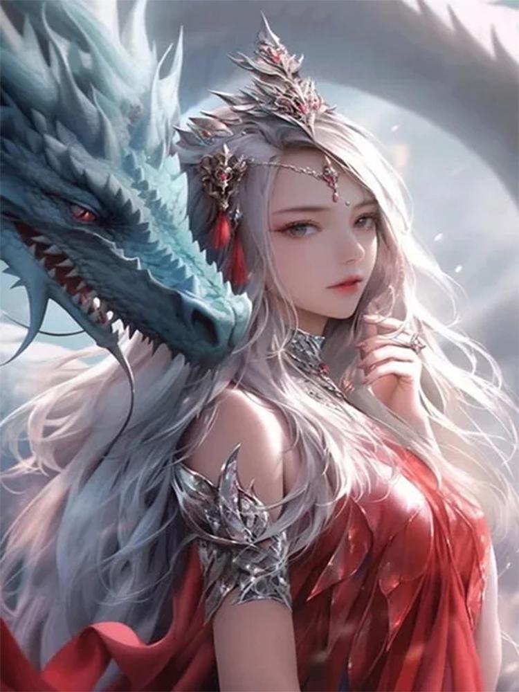 Pictură cu diamant de femei și dragoni 5DDiy, rotund complet, pătrat, mozaic, cruce, brodat, pictură cu animale, decorație de perete