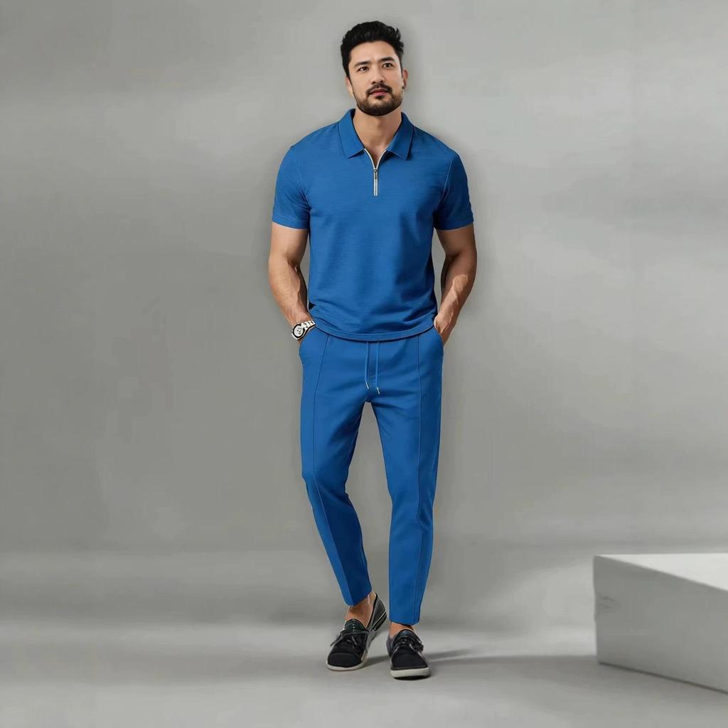 Men's Breathable Polo Sportswear Set - Short Sleeve & Long Pants for Daily Commute Casual Wear