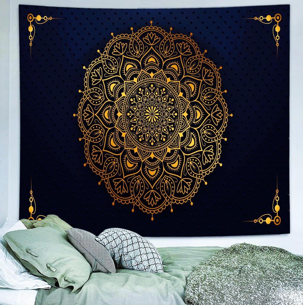 Aesthetic Boho Gold Floral Medallion Tapestry Wall Hanging Bohemian Wall Art Indian Hippie Psychedelic Headboard for Bedroom