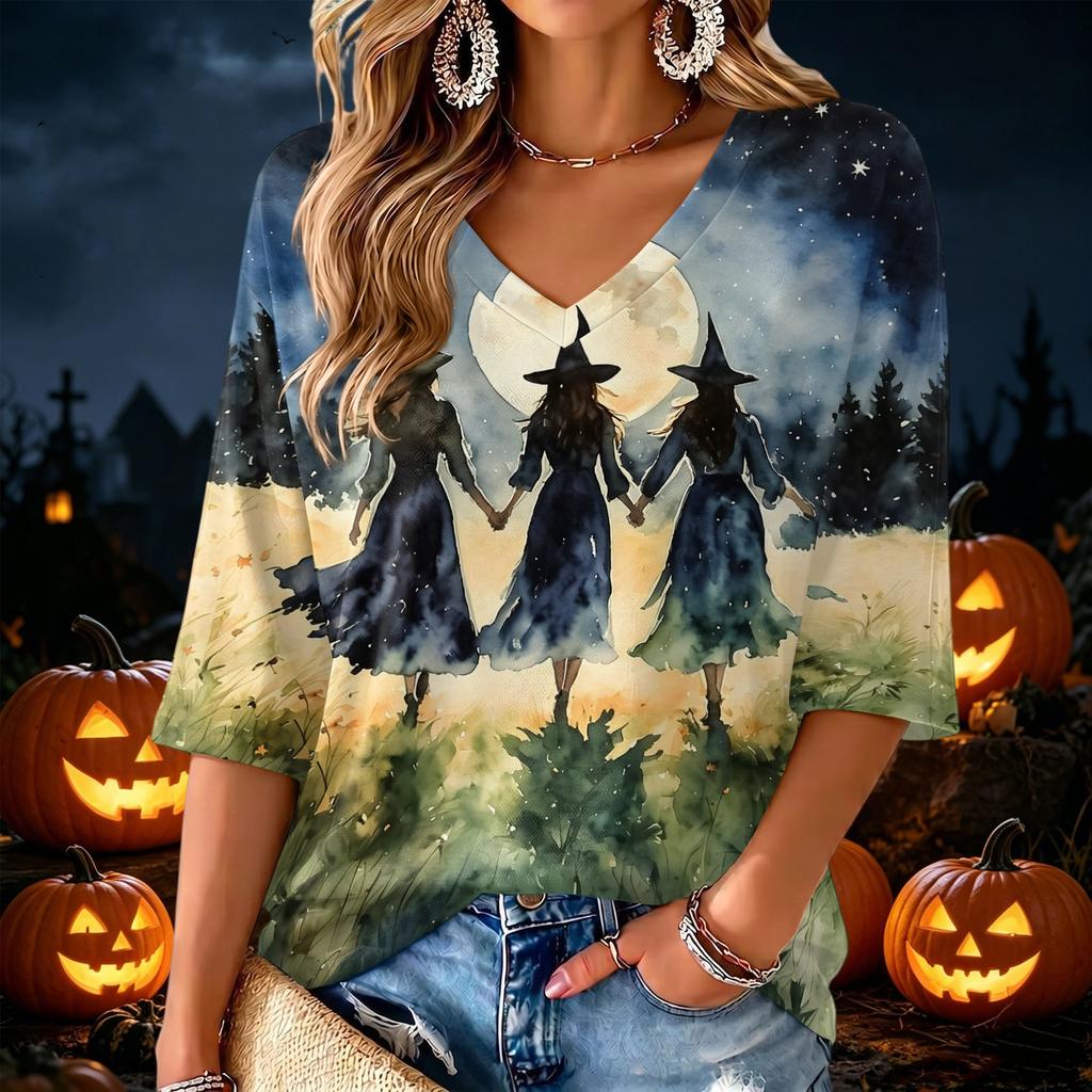 Women's V-Neck Halloween Print Lightweight Top for Spring and Summer