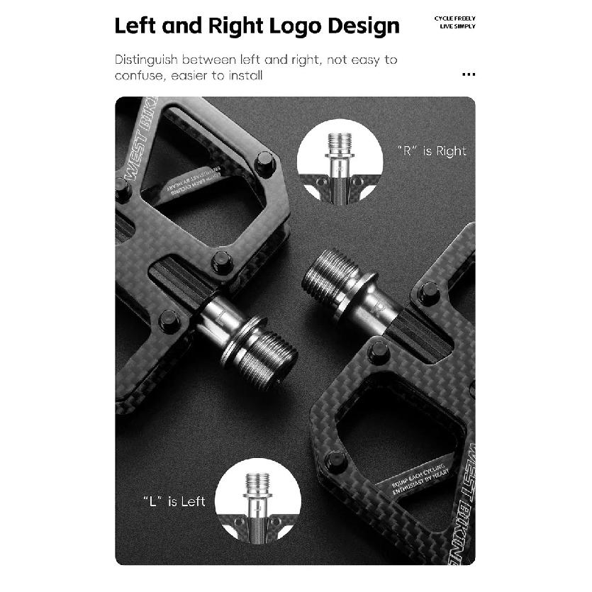WEST BIKING Carbon Fiber Bicycle Pedals T700 Ultralight Titanium Axle 3 Bearings 2-sided Non-skid Stud MTB Road Bike Accessories