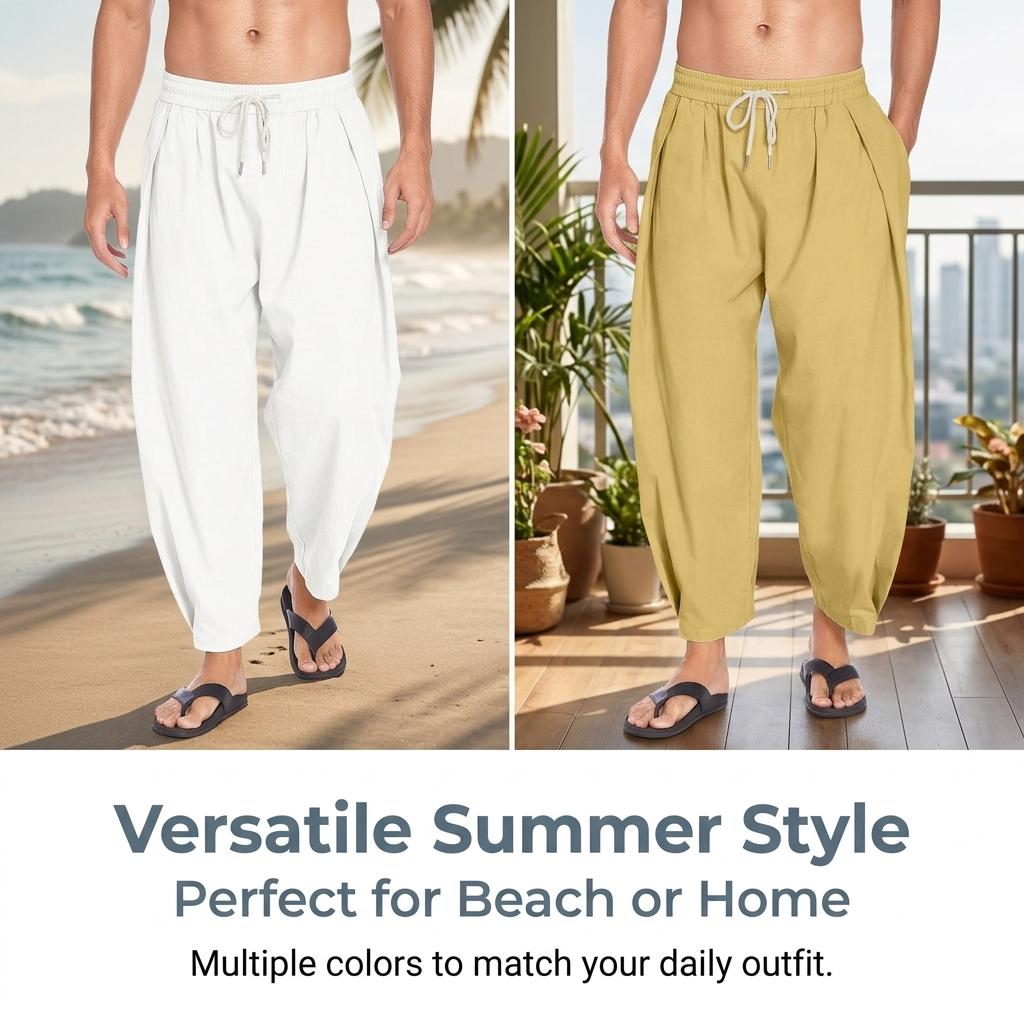 Men'S Cotton-Linen Harem Pants With Drawstring Casual Cropped Pants Lightweight And Loose Suitable For Beach And Yoga