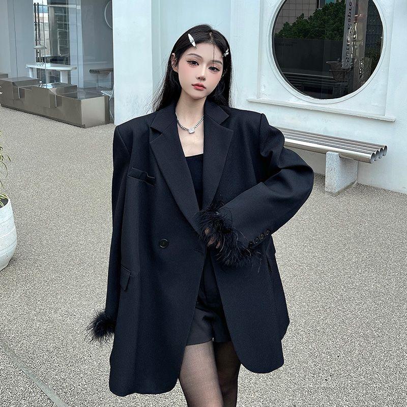 Premium Black Suit Jacket for Women, Sophisticated Long Loose Fit Blazer with Casual Style for Autumn