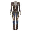 Women V Neck Long Sleeve Bodycon Midi Dress with Abstract Pattern and Cut Out Detail