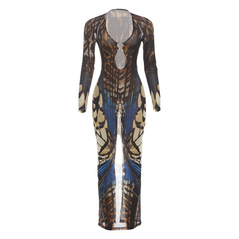 Women V Neck Long Sleeve Bodycon Midi Dress with Abstract Pattern and Cut Out Detail