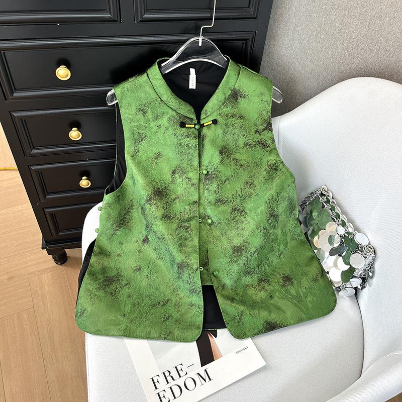 

Темпераментный жаккардовый жилет женский 2025 весна ретро на пуговицах со стойкой воротником жилет топ XXXL [Recommended 138-75kg] зелёный