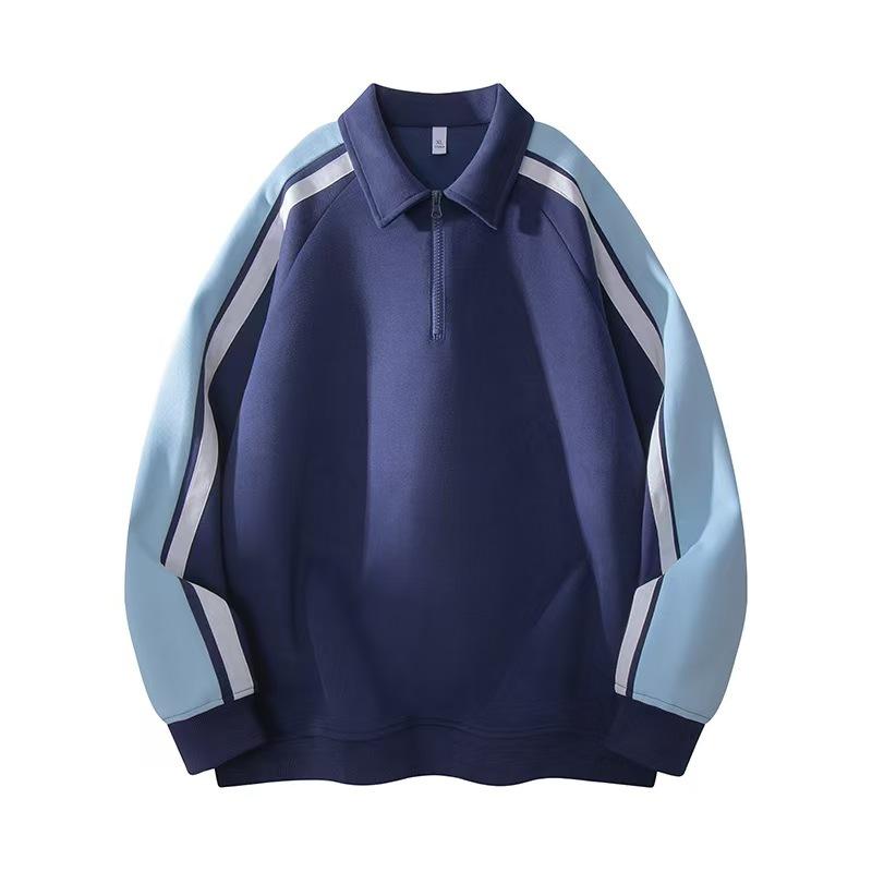 Men S Casual Striped Contrast Color Turn Down Collar Long Sleeve Polo Sweatshirt Loose Fit