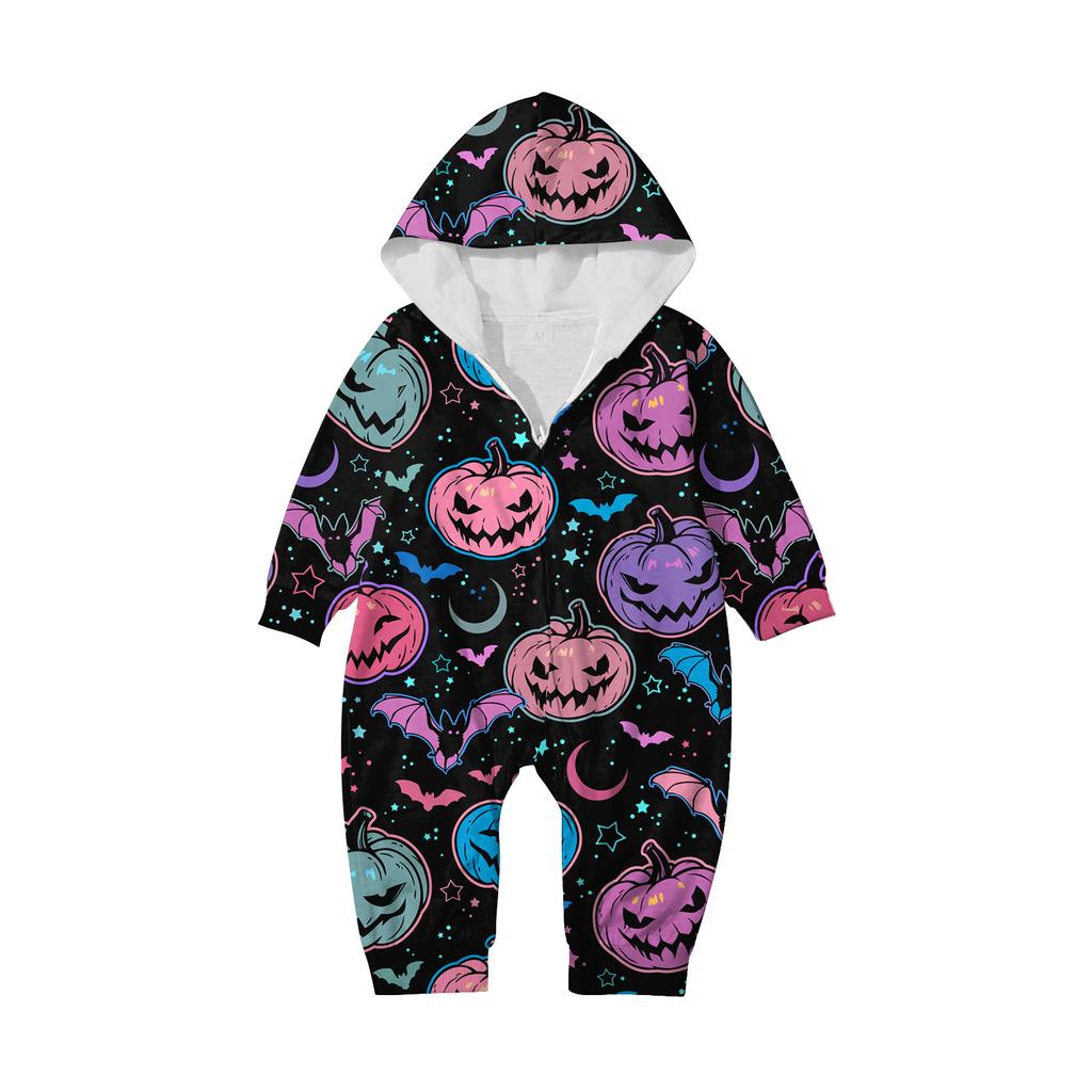Halloween Printed Family Matching Hooded Long Sleeved Zippered Hooded  Jumpsuit Set