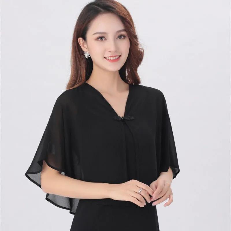 Women'S Summer Cloak Chiffon Scarf Waistcoat Loose Sunscreen Shawl Cheongsam Dress Button Blouse Shoulder Fake Collar Cape T90