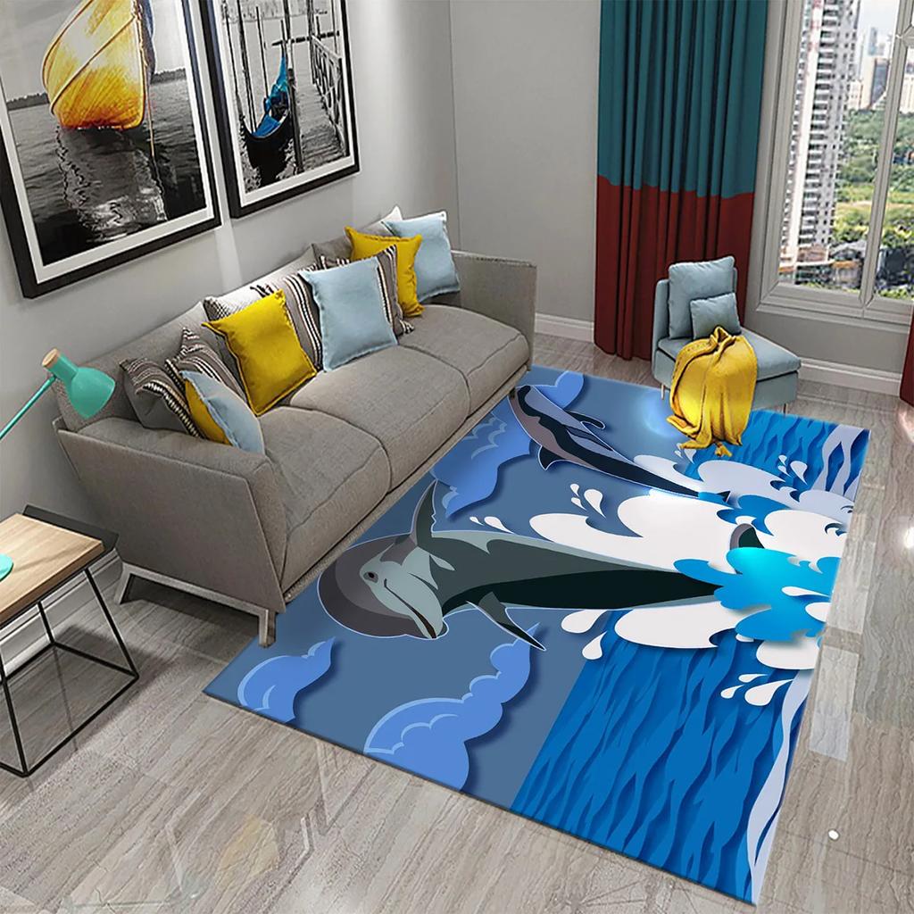 3D Fantasy Dolphin Carpet for Living Room Bedroom Kids Rug Dolphin Series Carpet Hallway Floor Mat Bathroom Kitchen Non-slip Rug